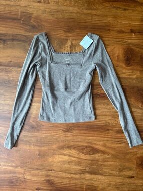 American Eagle Outfitters Taupe Brown Square Neck Long Sleeve Top